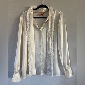 Tory Burch Size 12 cream silk long sleeve with removable fringe collar